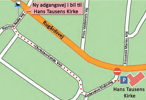 Kort over køresekvensen til Hans Tausens Kirke via Rugårdsvej og sideveje.